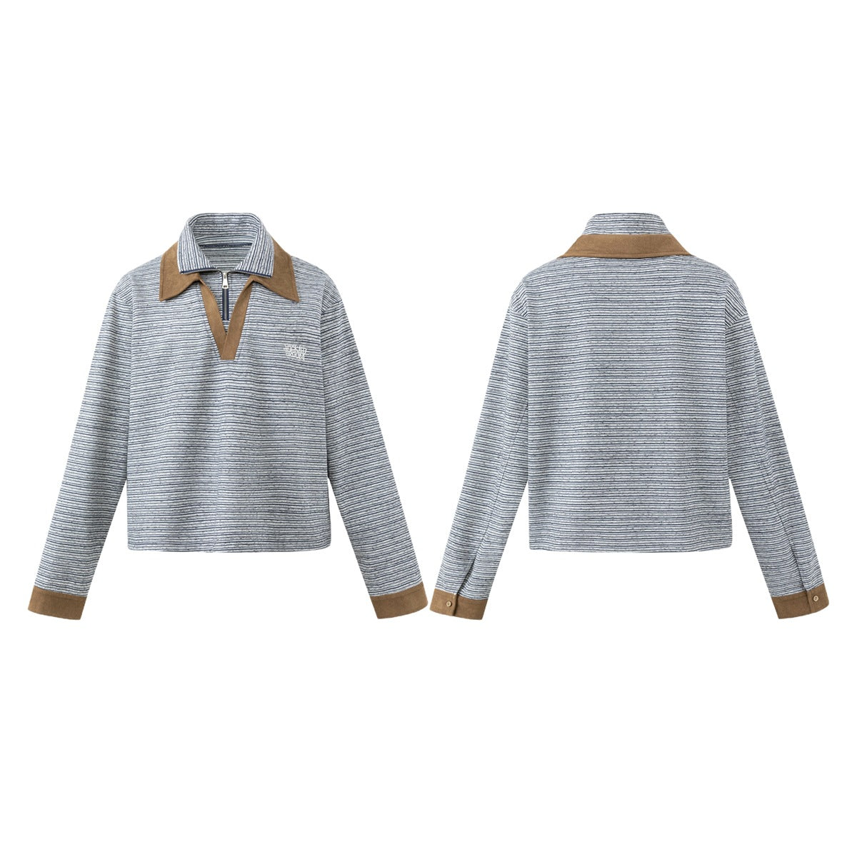 Front and back views of a gray striped pullover with a brown contrast collar, V-shaped placket and cuffs.