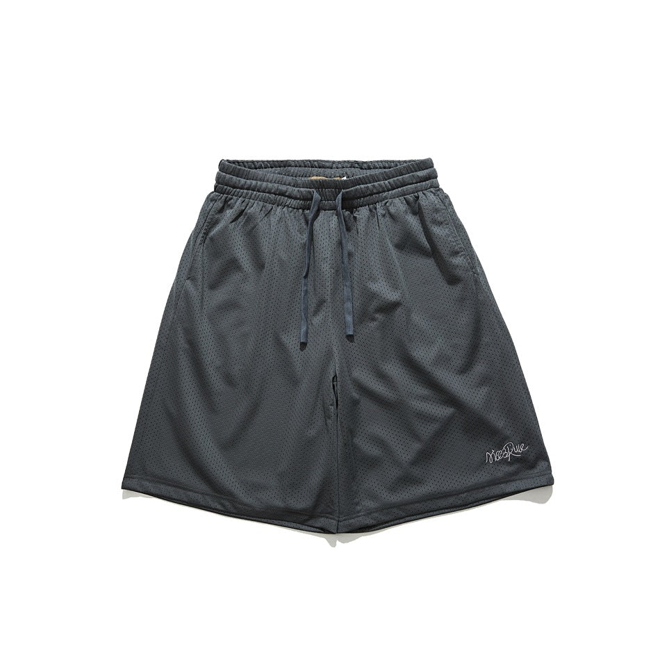 Dark gray perforated mesh drawstring shorts, front flat view with small embroidered logo