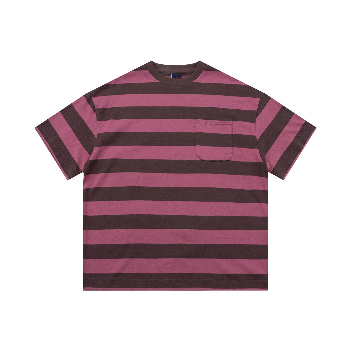 Mauve-pink and dark brown wide-striped short-sleeve T-shirt with chest pocket, flat front view