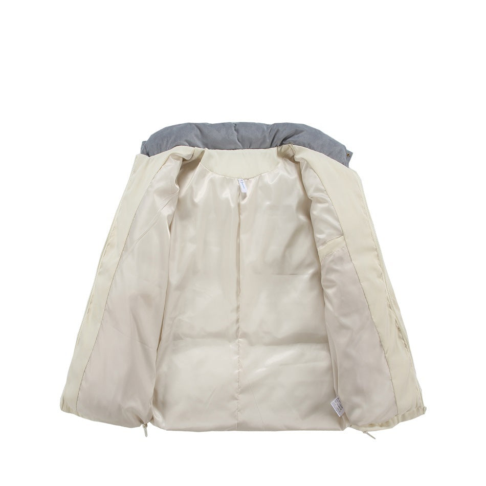 Open cream jacket laid flat, showing its pale lining and gray lining inside the collar.