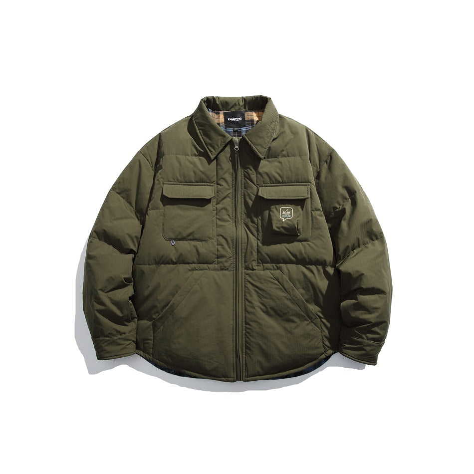 Army green quilted shirt-style jacket with front zipper, flap chest pockets and plaid lining at the collar