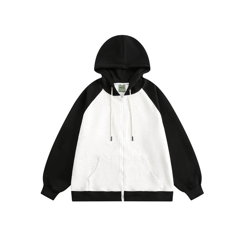 Black and light gray raglan zip-up hoodie, front flat lay with drawstrings and kangaroo pocket