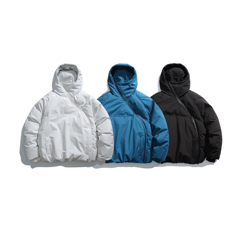 Three hooded jackets shown side by side in white, blue, and black.