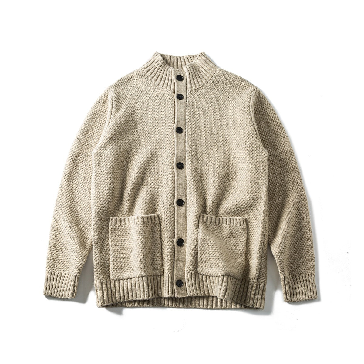 Khaki textured knit button-front cardigan with ribbed stand collar, dark buttons and two patch pockets, flat lay