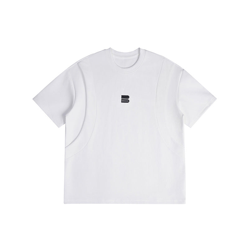 White short-sleeve crew-neck T-shirt with curved seam panels and a small B logo patch at center chest, flat lay