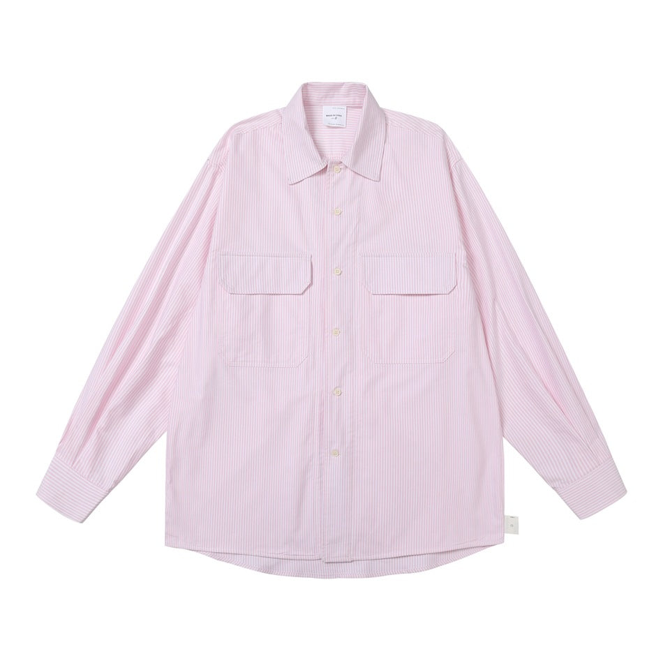 Pink pinstripe long-sleeve button-up shirt with two flap chest pockets, flat front view