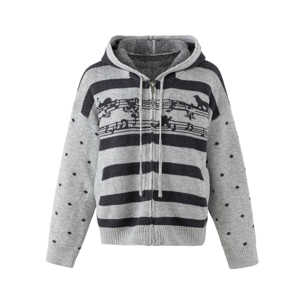 Gray knit zip hooded cardigan with charcoal stripes, music-note jacquard band and dotted sleeves, flat front view