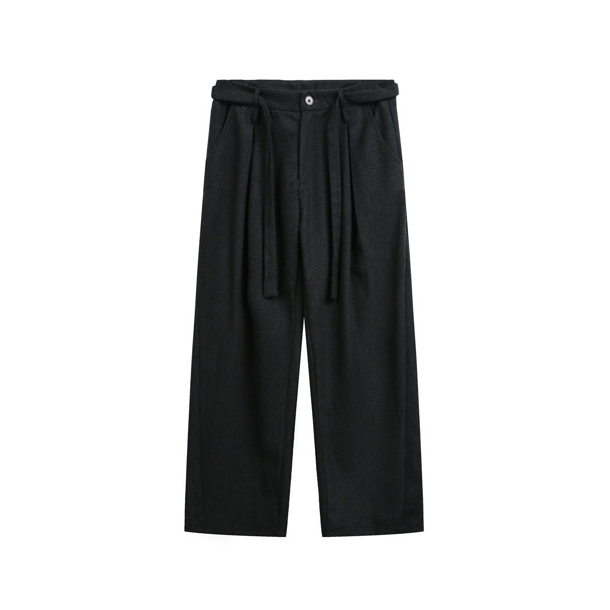 Black wide-leg pleated trousers with a center button and long waist tie straps, flat front view