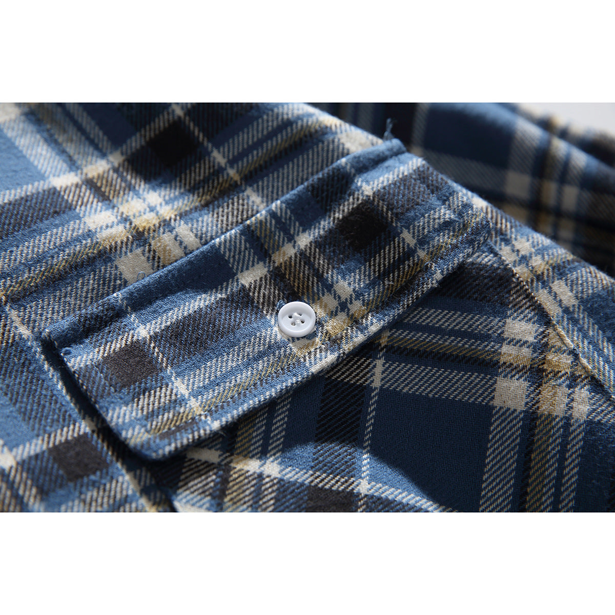 Close-up of a flap chest pocket and white button on a blue, navy, and cream plaid shirt.