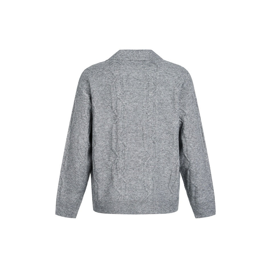 Back view of a gray cable-knit pullover sweater with a ribbed hem and cuffs