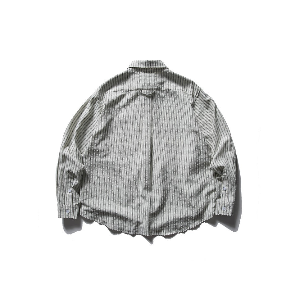 Back view of a light long-sleeve collared shirt with narrow dark vertical stripes and buttoned cuffs.