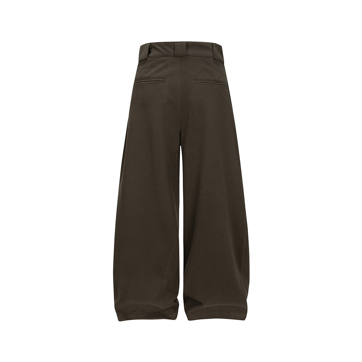Back view of dark brown wide-leg trousers with a waistband and two welt pockets.