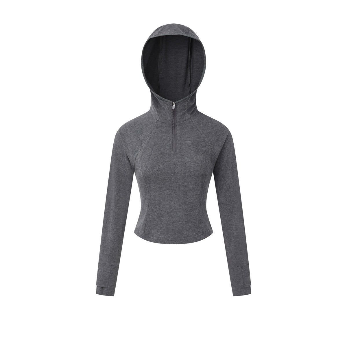Heather gray cropped fitted hooded jacket with half zipper, raglan sleeves and thumbhole cuffs, front flat view