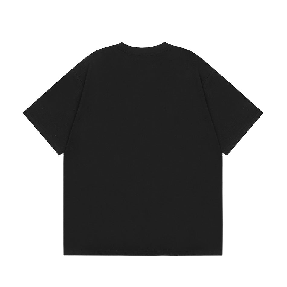 Plain black short-sleeve crew-neck T-shirt shown from the back on a white background.