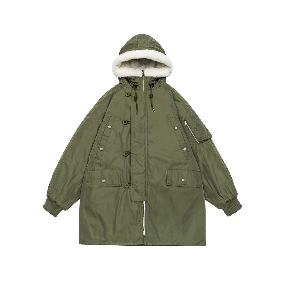 Front view of an olive hooded parka with white faux-fur trim, button and zip closures, and multiple pockets.