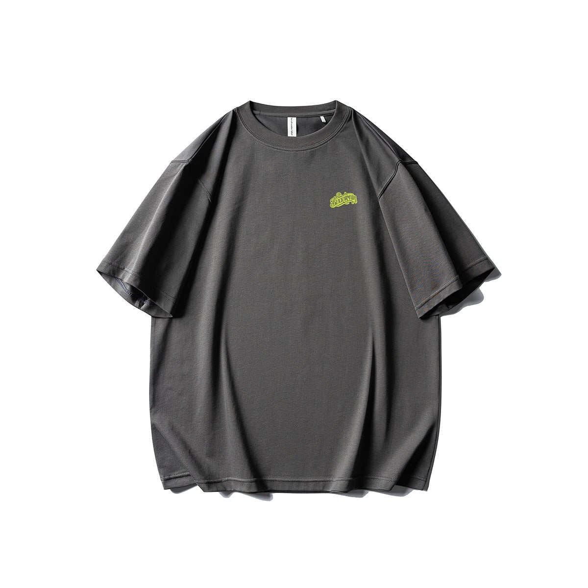 Dark gray crew-neck short-sleeve T-shirt front view with small lime green chest logo