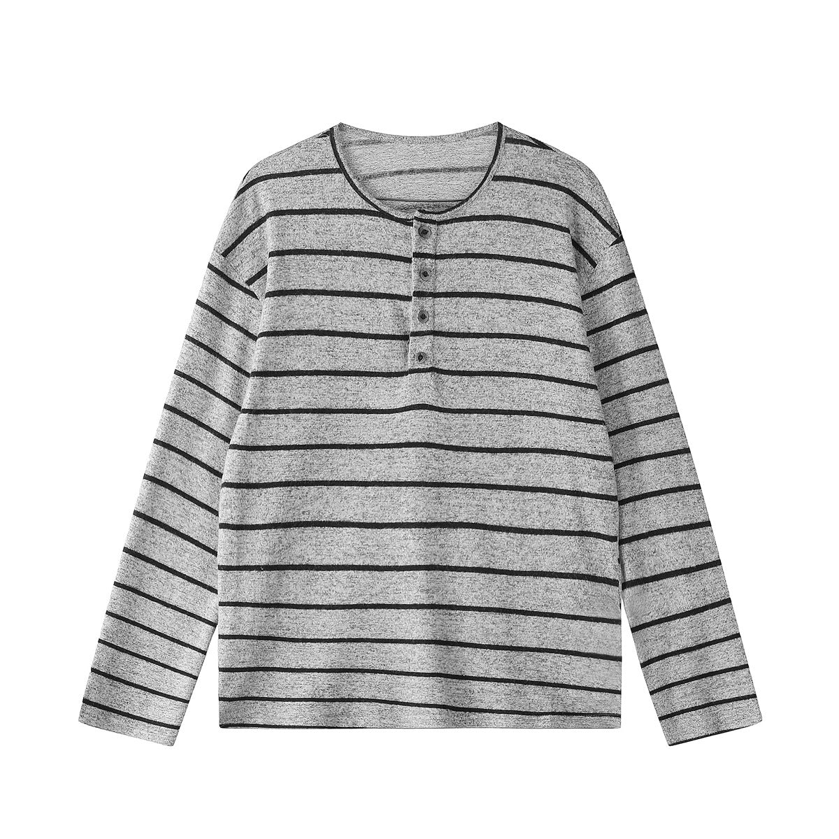 Gray heather long-sleeve henley top with black horizontal stripes and four buttons, flat lay front view