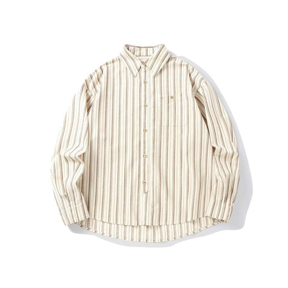 Cream long-sleeve button-up shirt with brown vertical stripes, chest pocket and pointed collar, flat lay front view