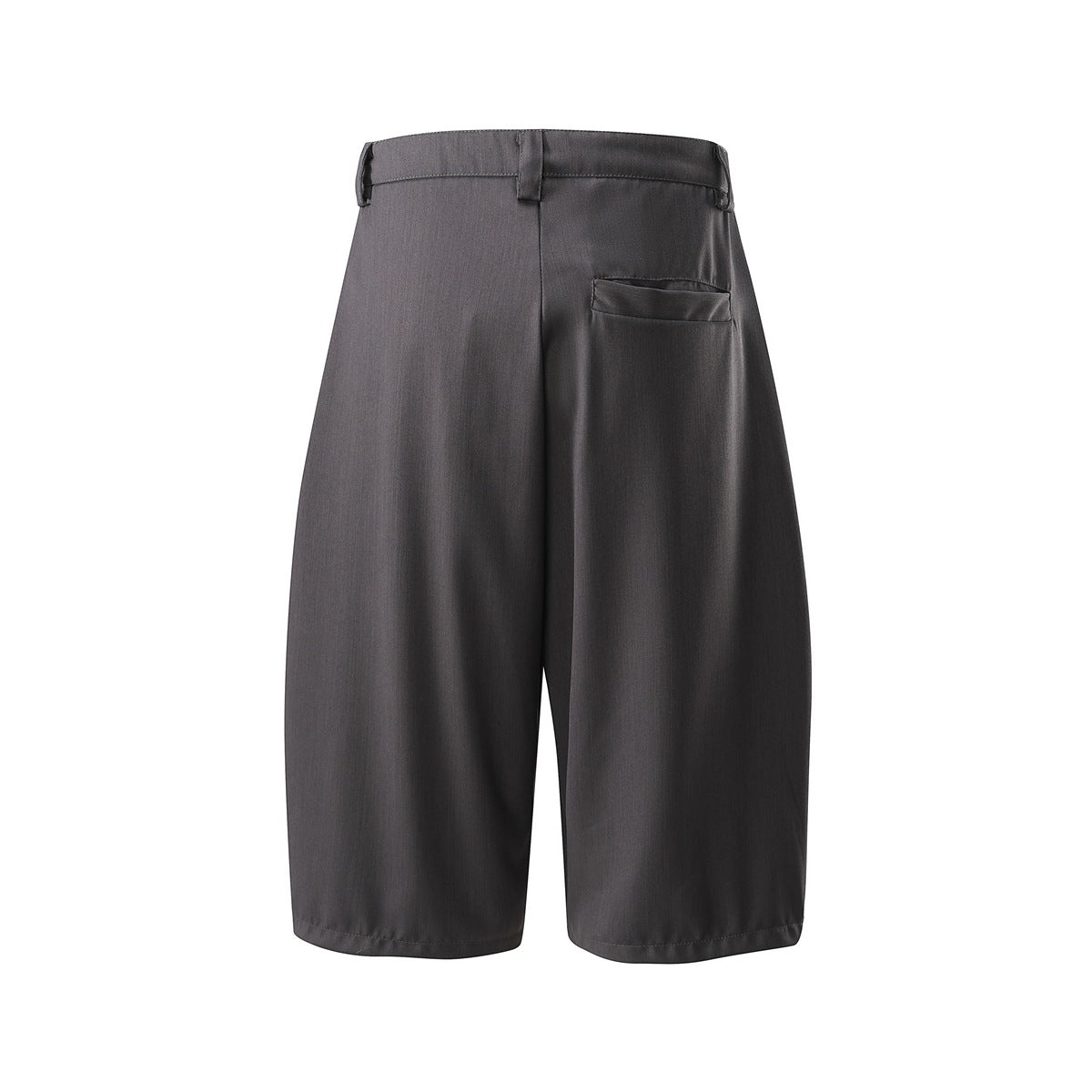 Back view of gray knee-length wide-leg shorts with belt loops and a back pocket
