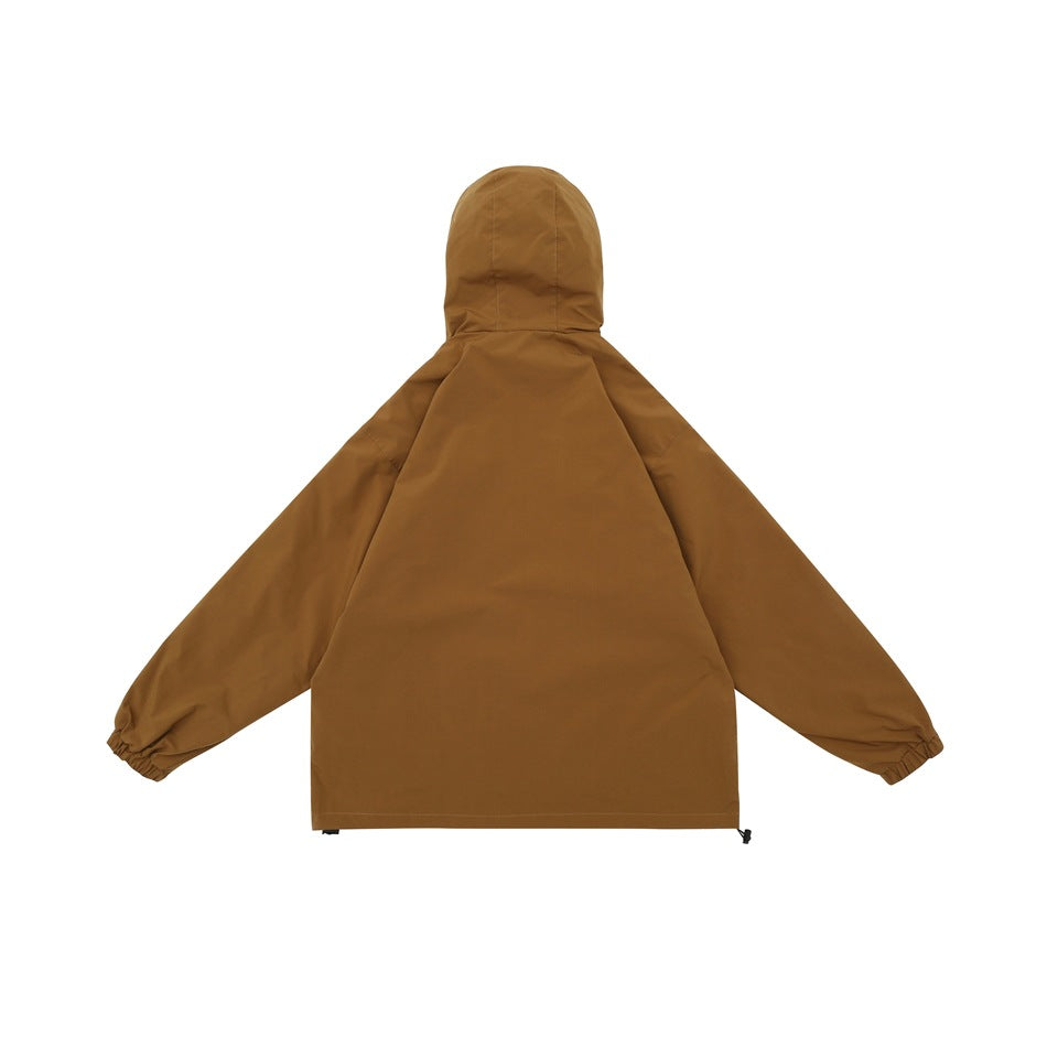 Back view of a brown hooded jacket with a plain body and elastic cuffs.