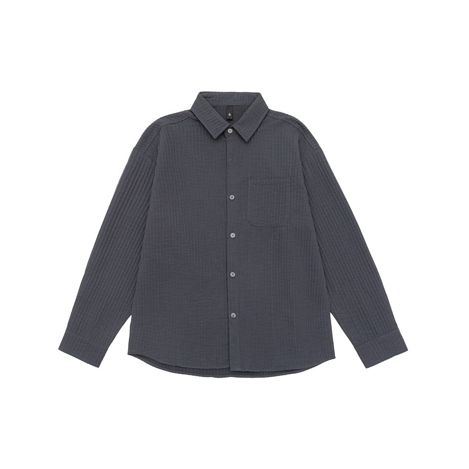 Dark gray long-sleeve button-up shirt with ribbed vertical texture, chest pocket and pointed collar, flat lay