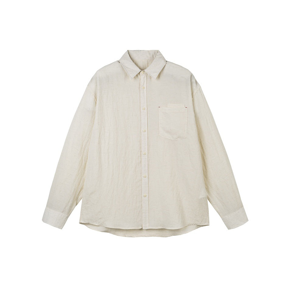 Off-white long-sleeve button-up shirt with chest pocket, flat lay front view on white background