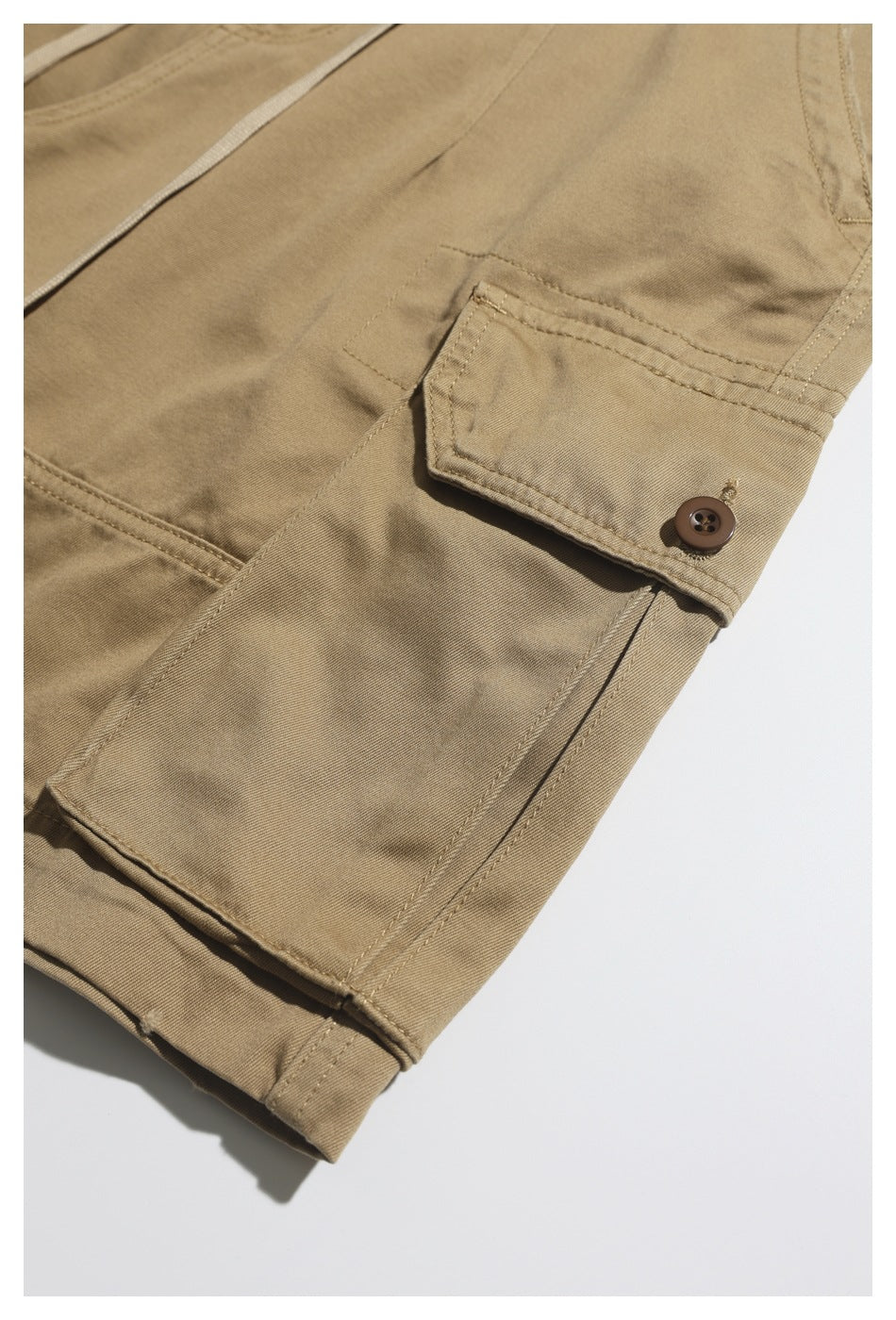 Close-up of khaki cargo trousers showing a flap pocket with a brown button and a hem.