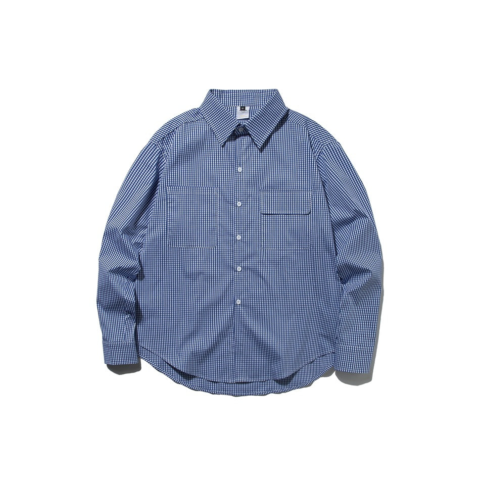 Blue and white gingham long-sleeve button-up shirt, front flat lay with two chest pockets and a curved hem