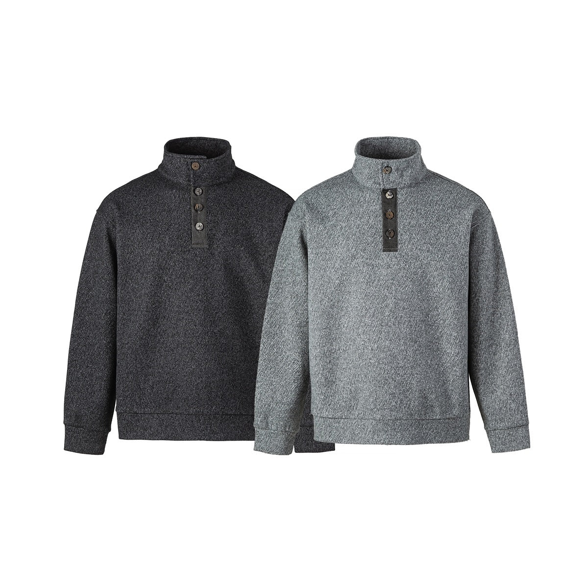 Two long-sleeve stand-collar pullovers with button plackets, shown in charcoal and light gray.