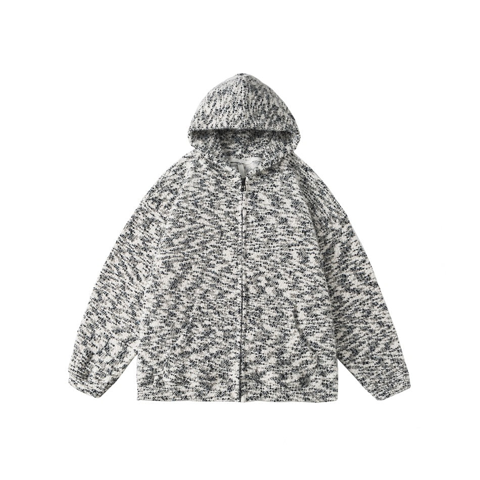 Black and white marled hooded zip jacket with textured surface, front view on a white background