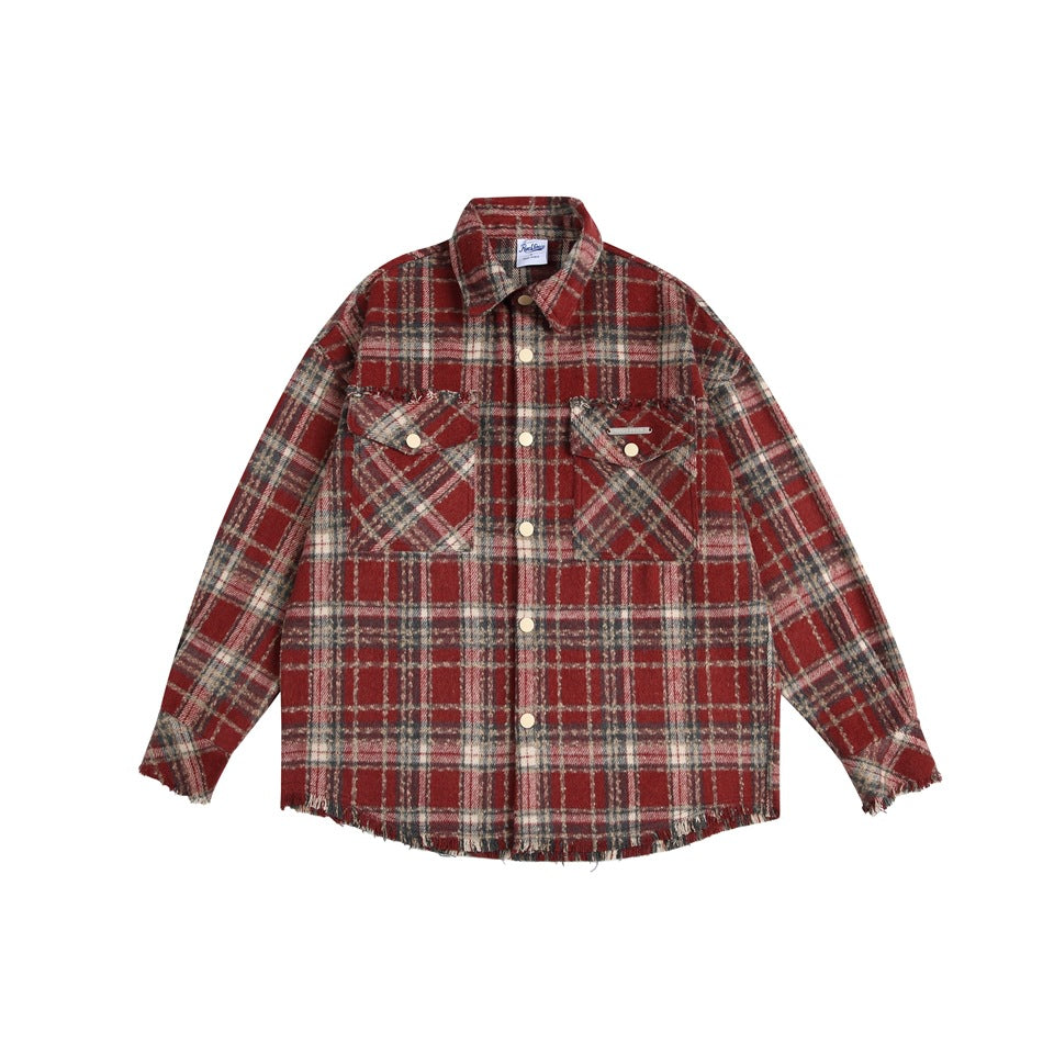 Red plaid shirt-jacket flat lay with snap buttons, two chest flap pockets and frayed edges