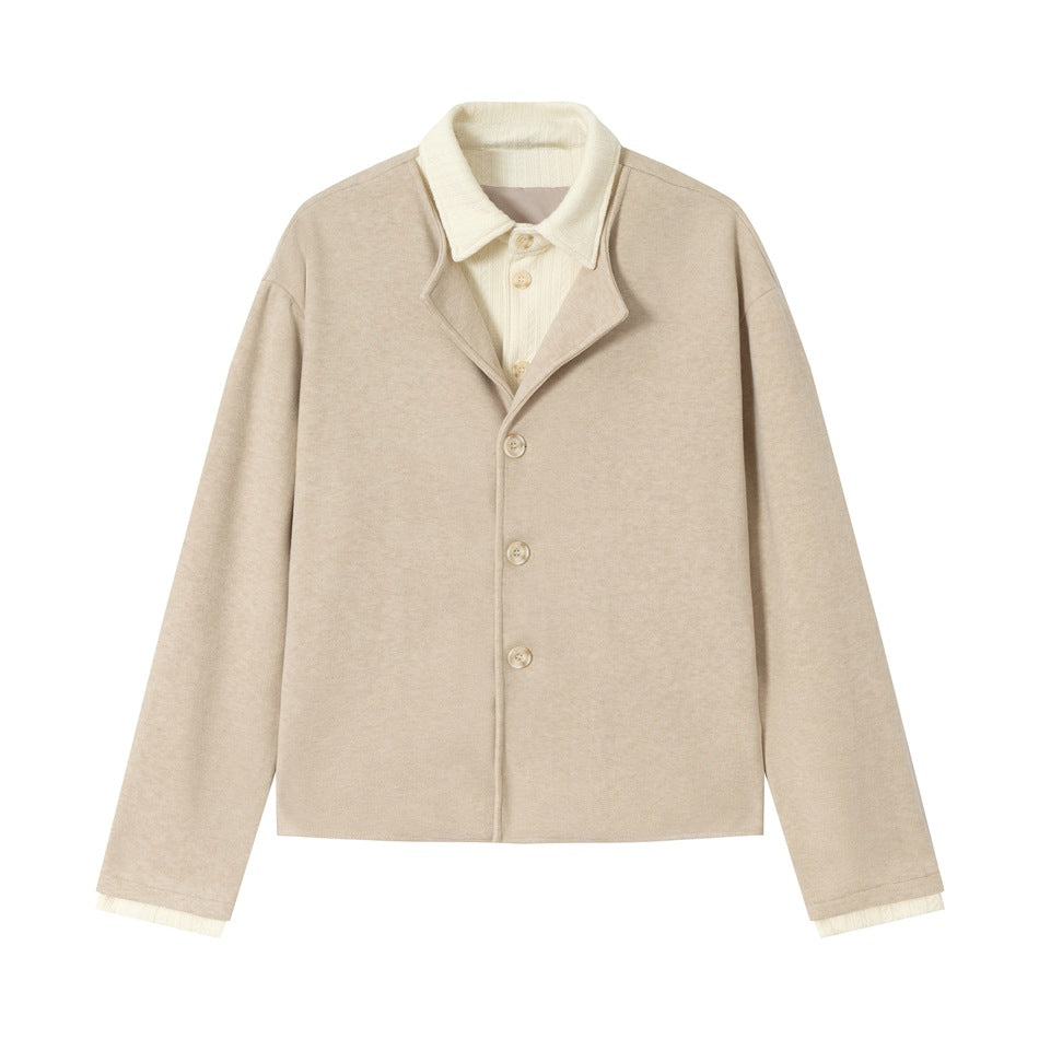 Beige cropped button-front jacket with cream layered collar and cuffs, flat front view