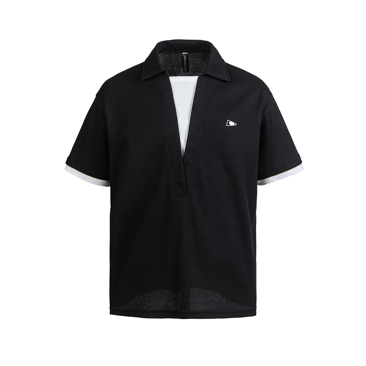 Black waffle-knit short-sleeve polo with deep V neckline, white inset and white layered sleeve cuffs, front view