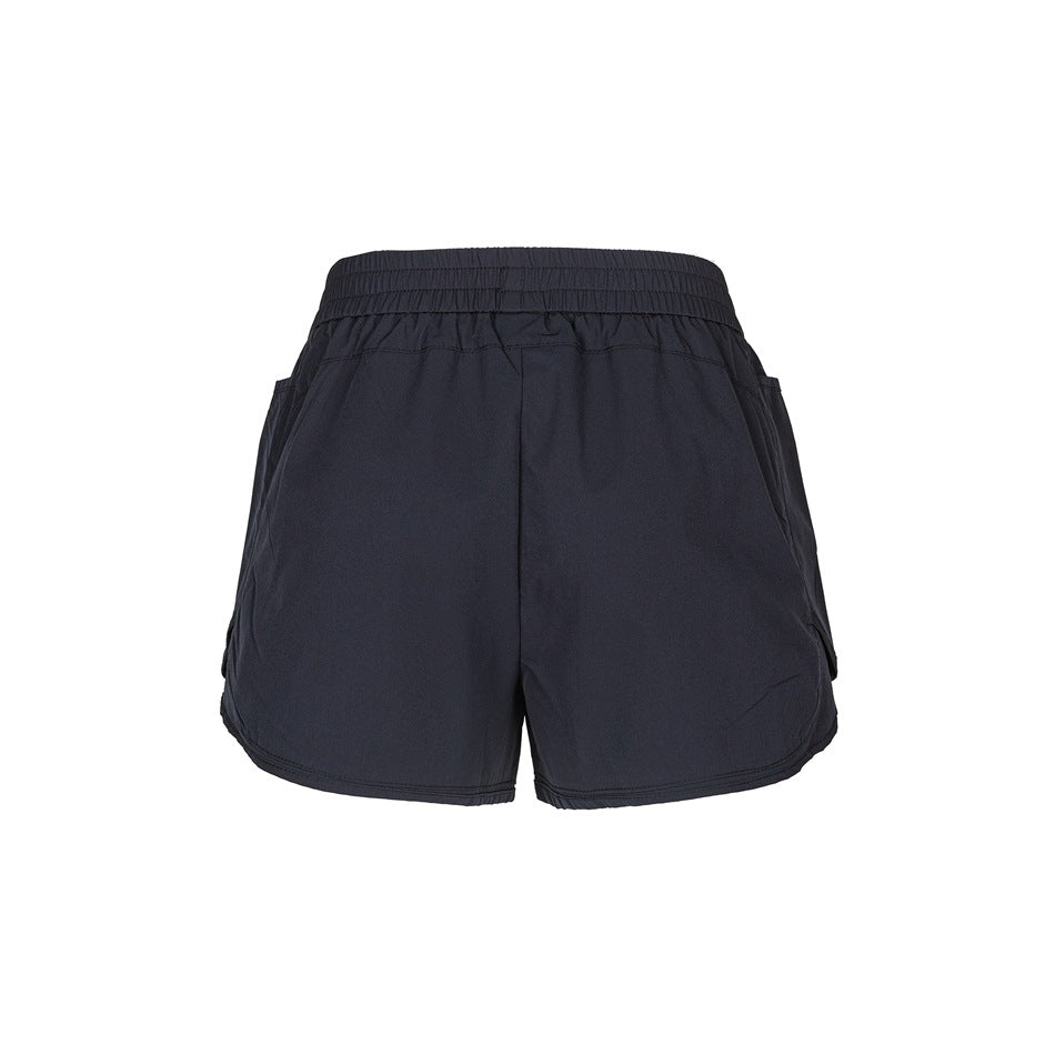 Back view of black shorts with a gathered elastic waistband and side pockets.