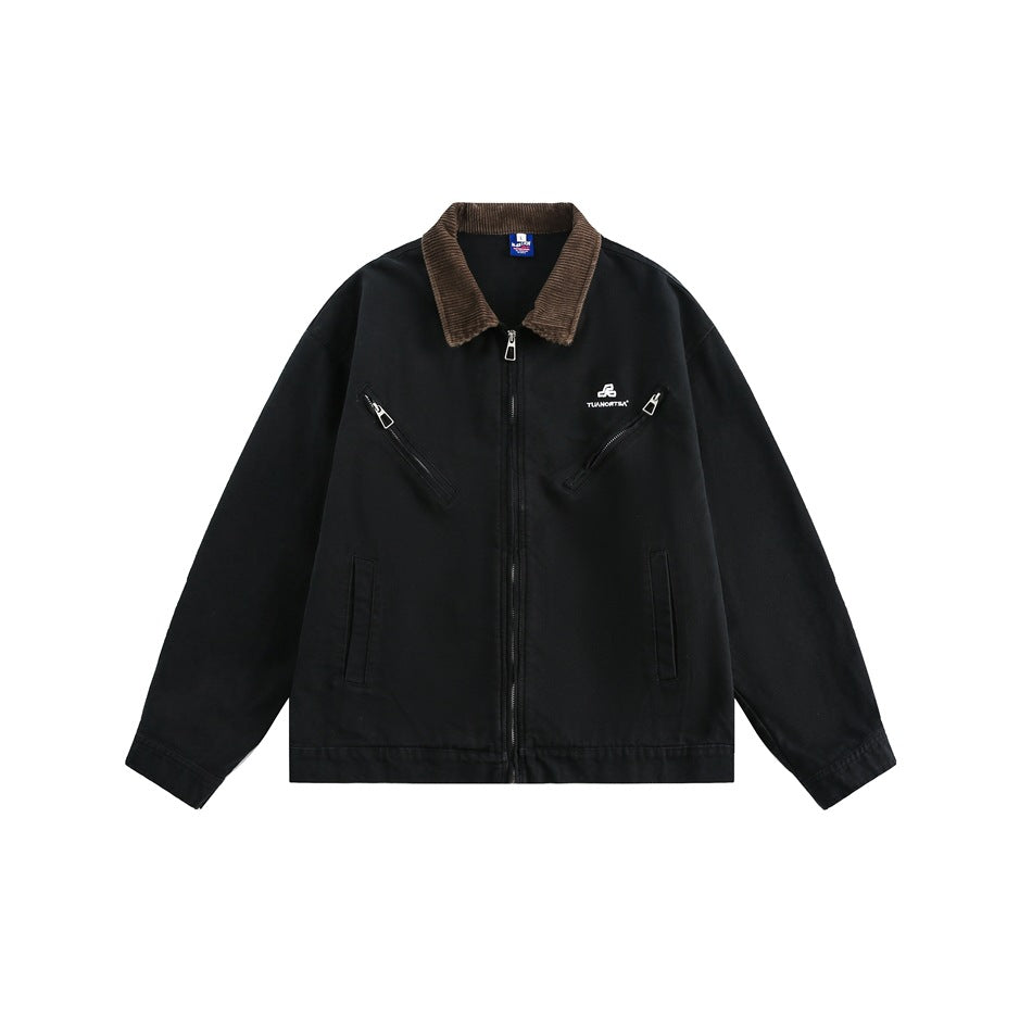 Black zip-front jacket with brown ribbed collar, diagonal zippered chest pockets and slit pockets, flat front view