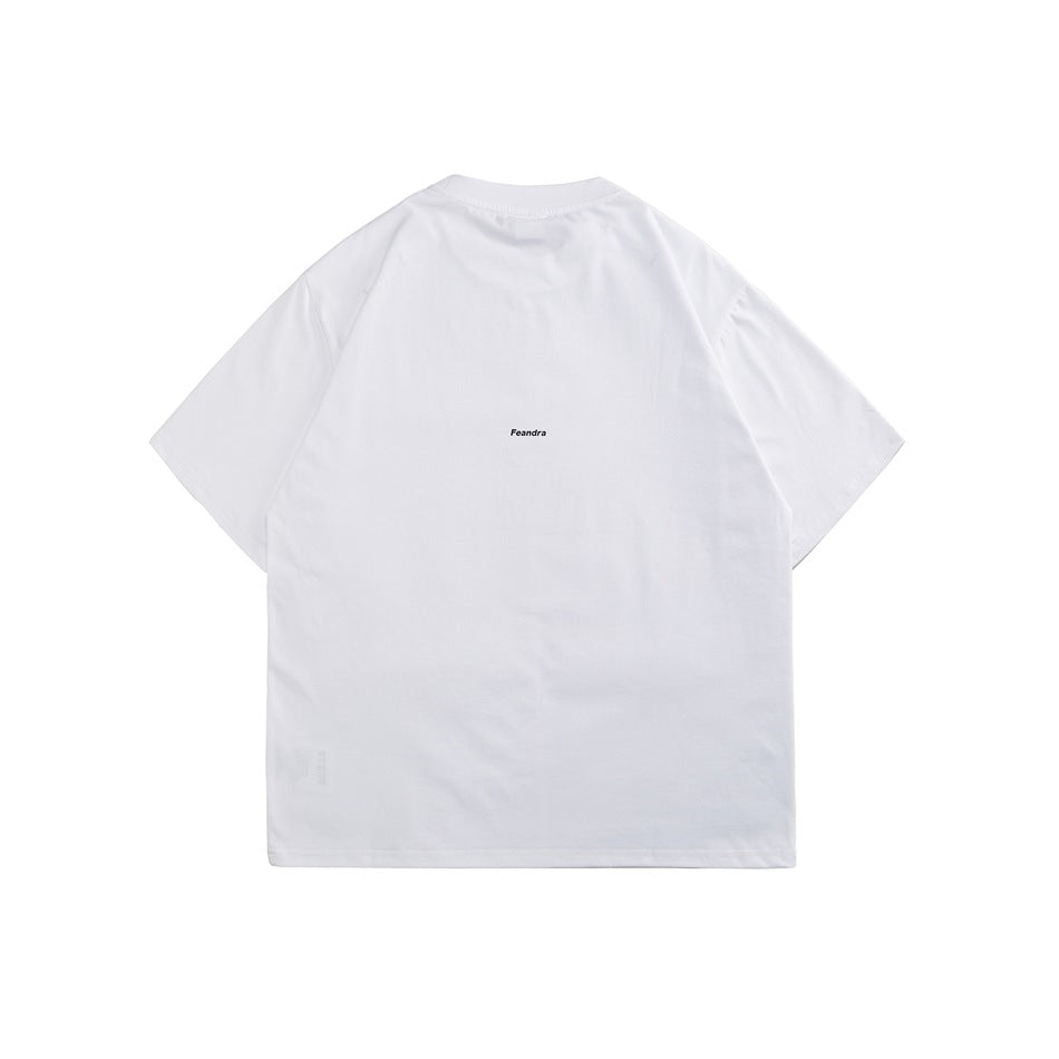 Back view of a white short-sleeve T-shirt with a small dark print at the center.