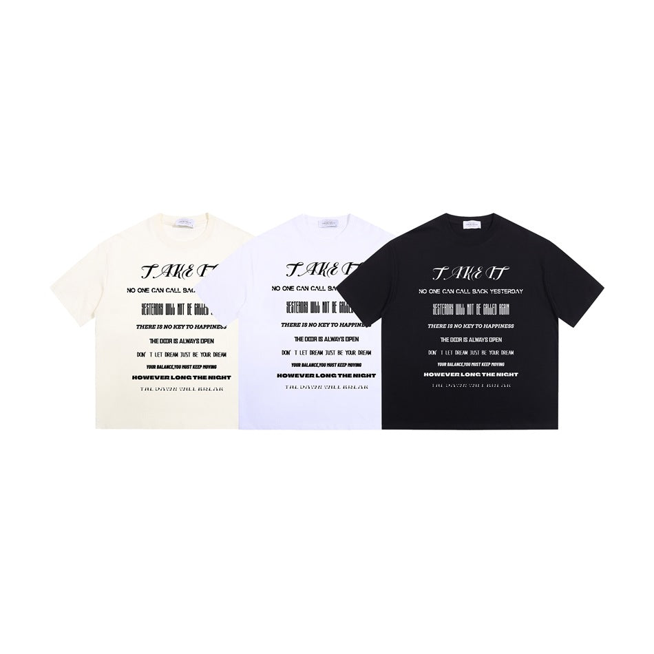 Front view of three graphic crew-neck T-shirts in cream, white, and black.