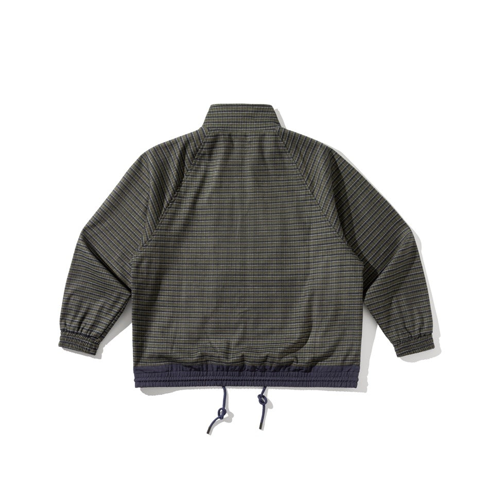 Flat rear view of a dark green and navy striped jacket with elastic cuffs and a drawstring hem.