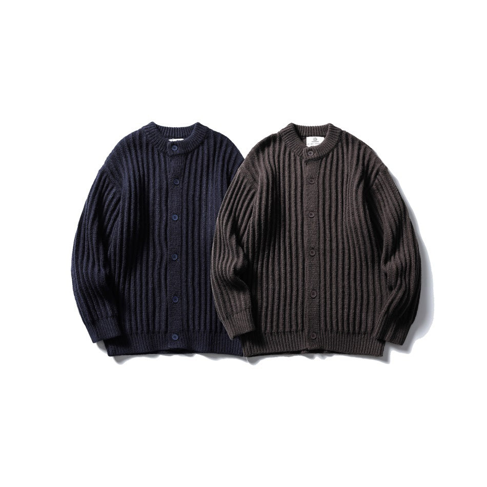 Two ribbed button-front cardigans shown side by side in dark navy and brown.