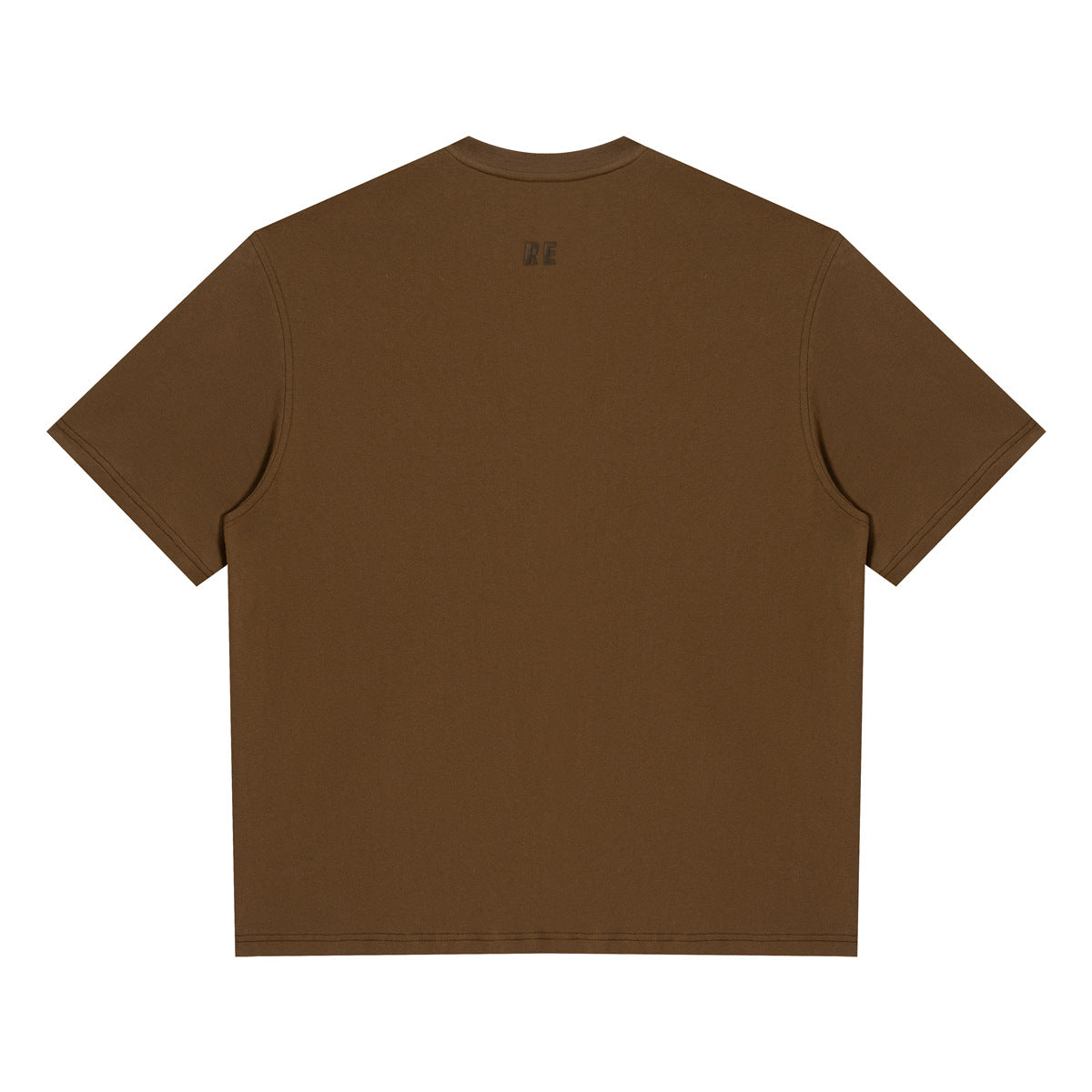 Back view of solid brown short-sleeve T-shirt with small tonal RE mark below the neck