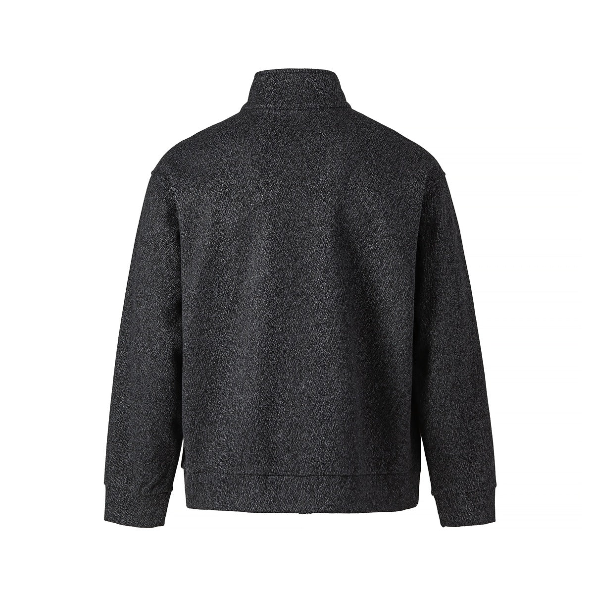 Back view of a charcoal textured pullover with a stand collar, long sleeves, and ribbed hem and cuffs.