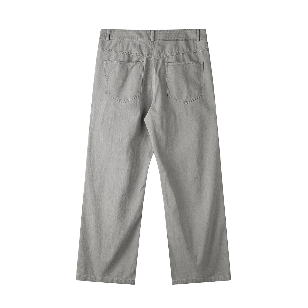 Back view of light gray straight-leg pants with belt loops and two patch pockets.