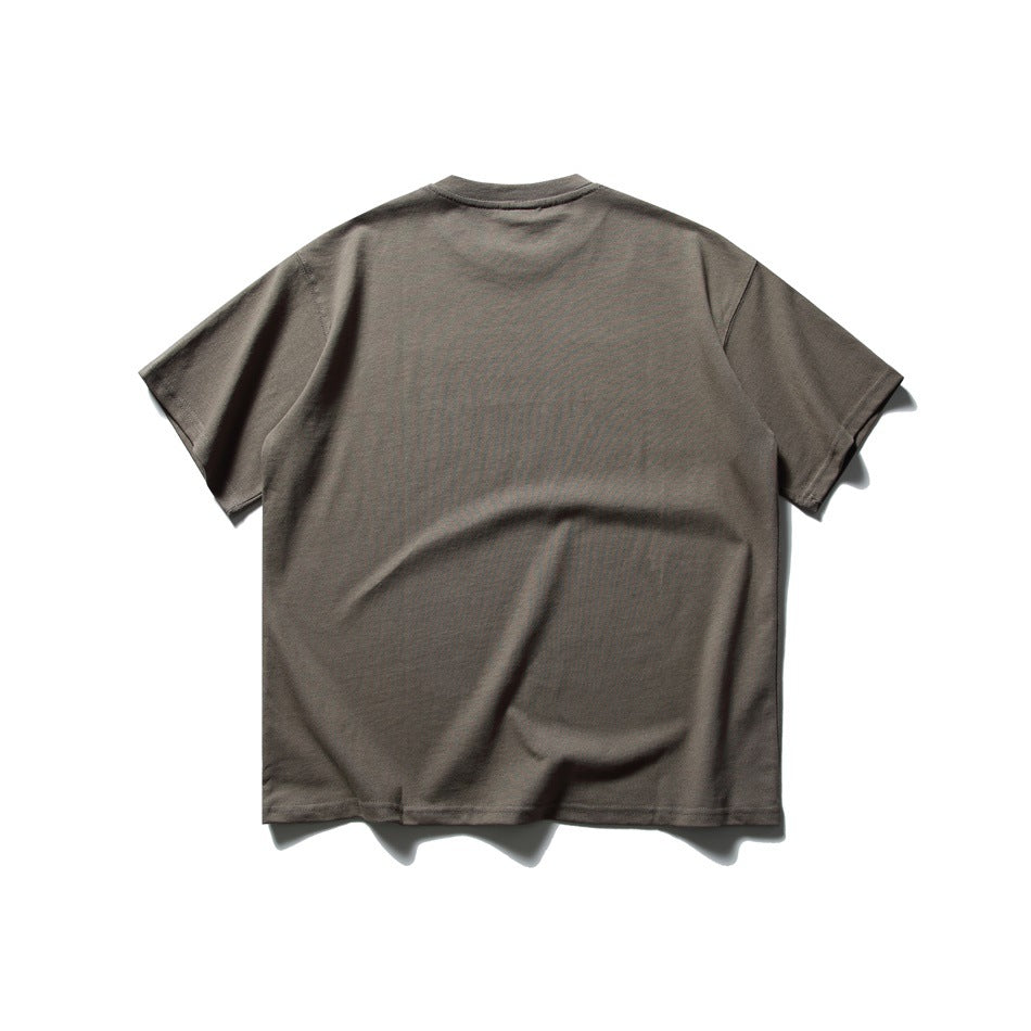 Back view of a dark gray short-sleeve crew-neck T-shirt with a plain back, flat lay