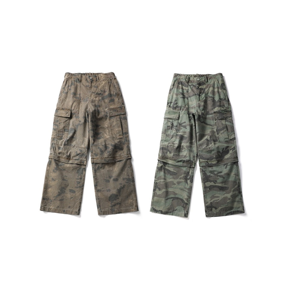 Two pairs of wide-leg cargo pants displayed front-facing: one tan camouflage and one green-gray camouflage.