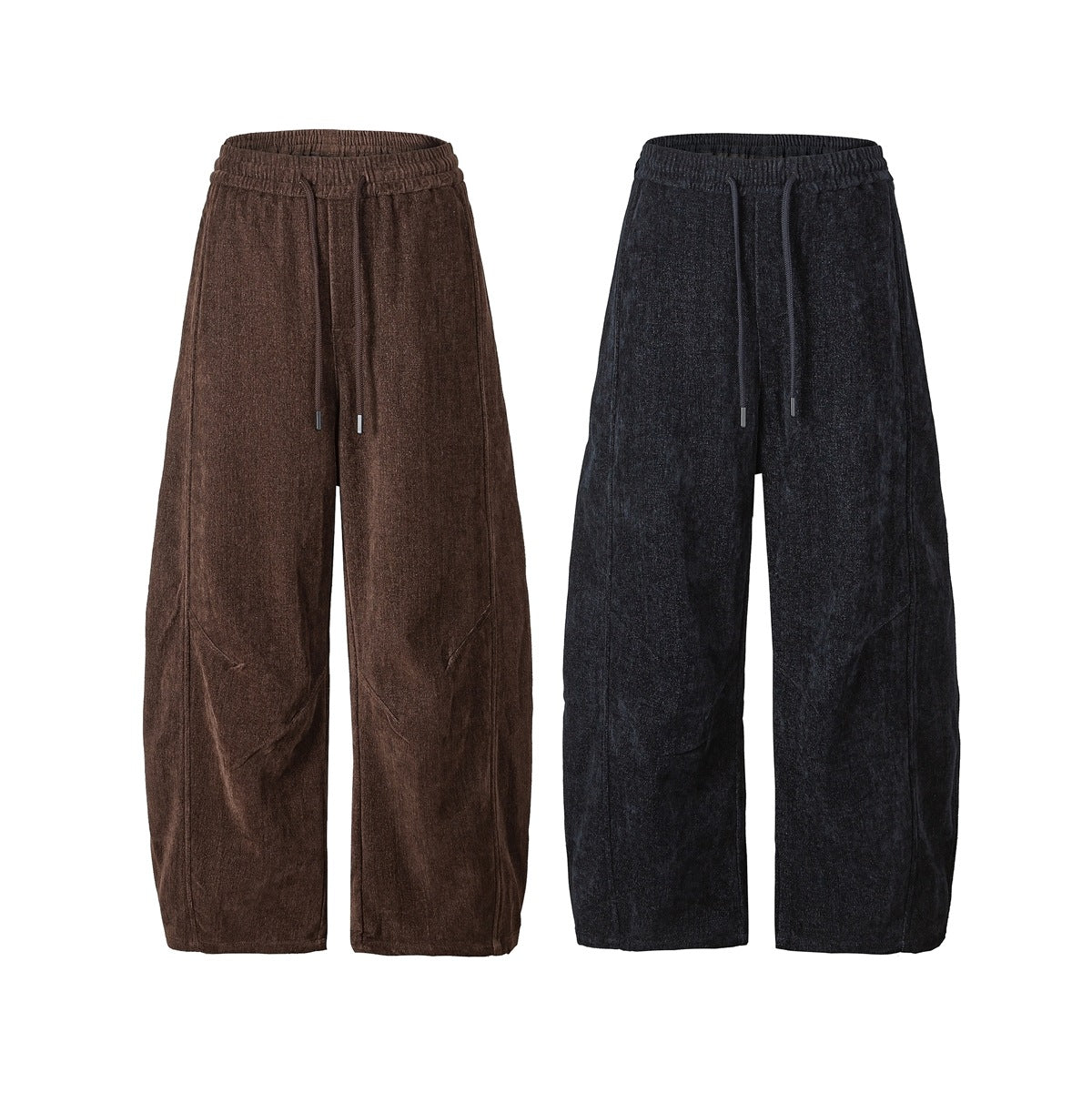 Front view of wide-leg drawstring pants in brown and dark charcoal, shown side by side.