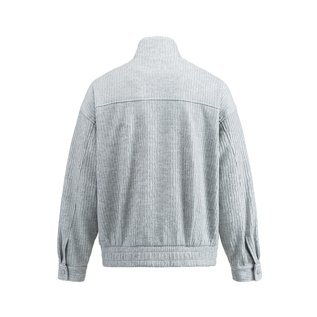 Back view of a light gray ribbed zip-up jacket with a high collar, long sleeves, and buttoned cuffs.