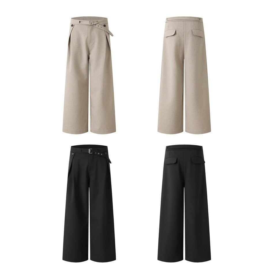Front and back flat views of beige and black wide-leg trousers showing back flap pockets and belt strap