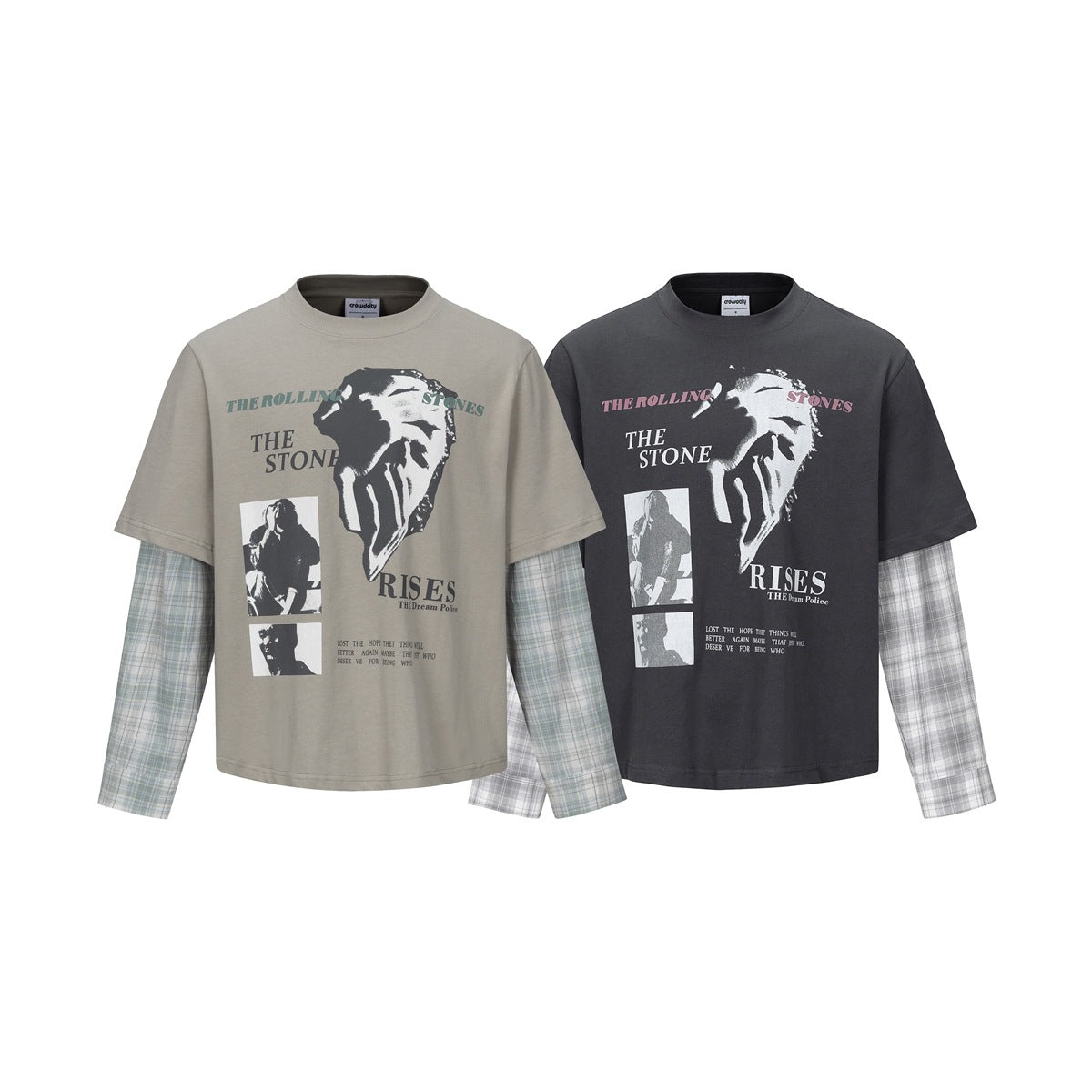 Two layered-look graphic T-shirts shown from the front: one taupe and one charcoal, each with plaid long sleeves.