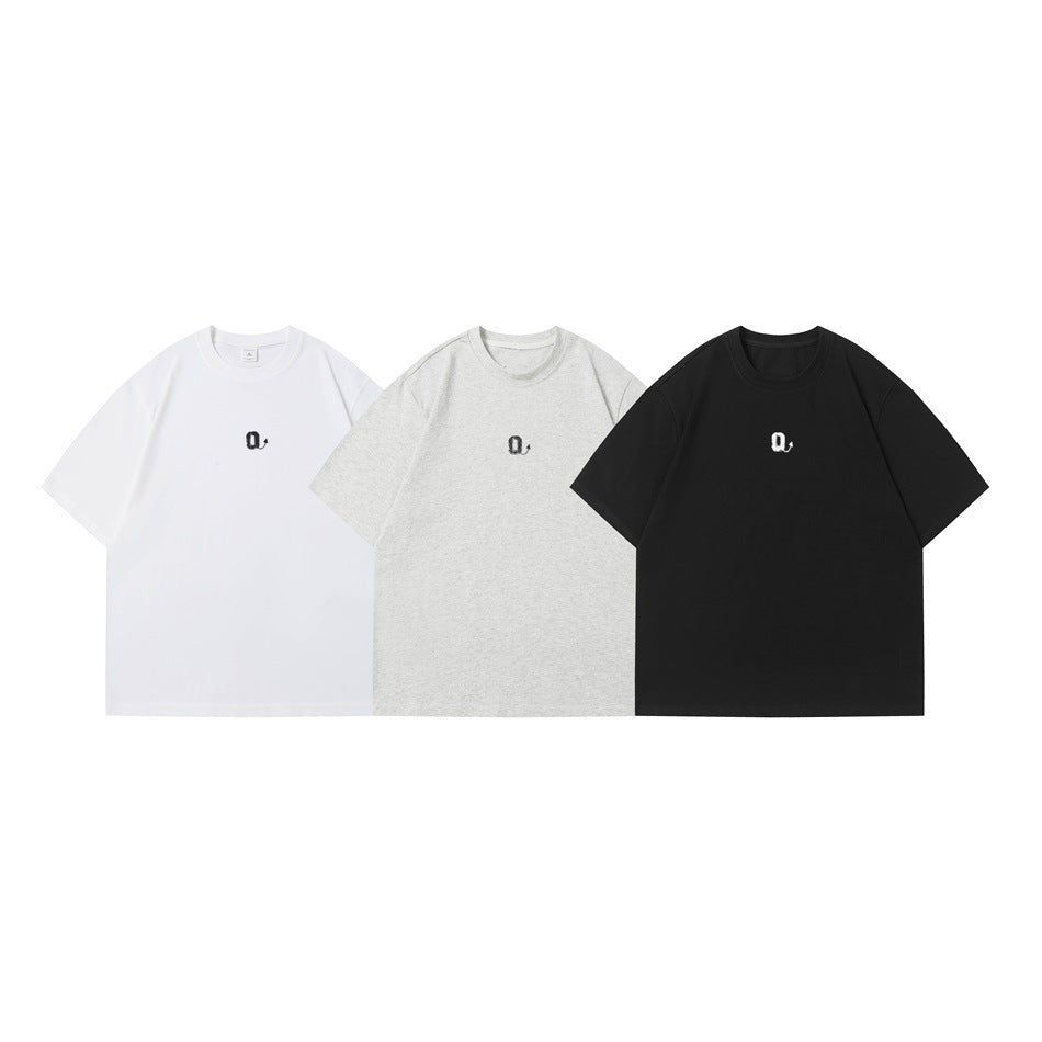 Three short-sleeve crew-neck T-shirts in white, heather gray, and black, each with a small chest graphic.