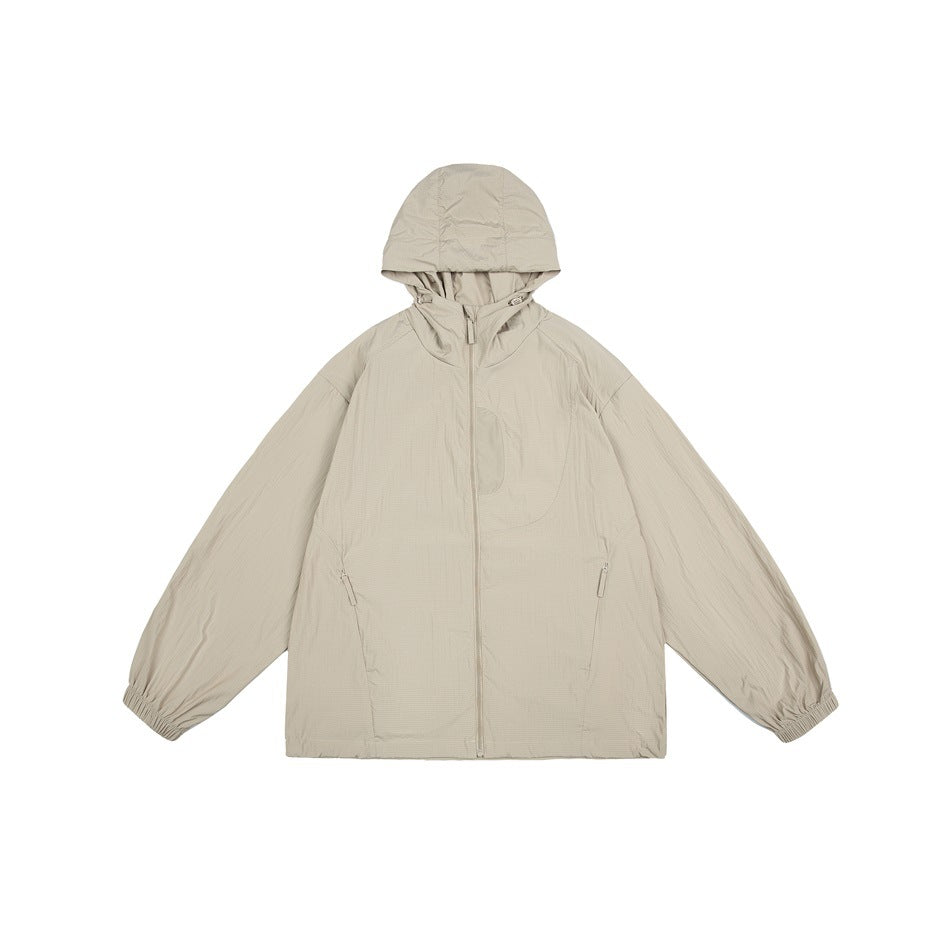 Khaki hooded zip jacket flat lay with side zip pockets, elastic cuffs and a chest panel